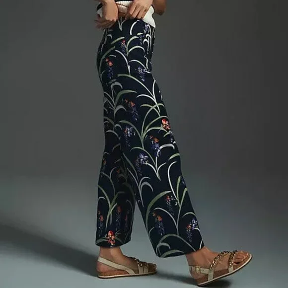 Anthropologie Maeve 27 NWT The Colette Cropped Wide-Leg Pants Dark Blue Floral